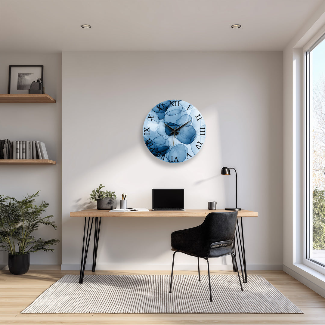 Blue Abstract Glass Wall Clock – Modern Alcohol Ink Art