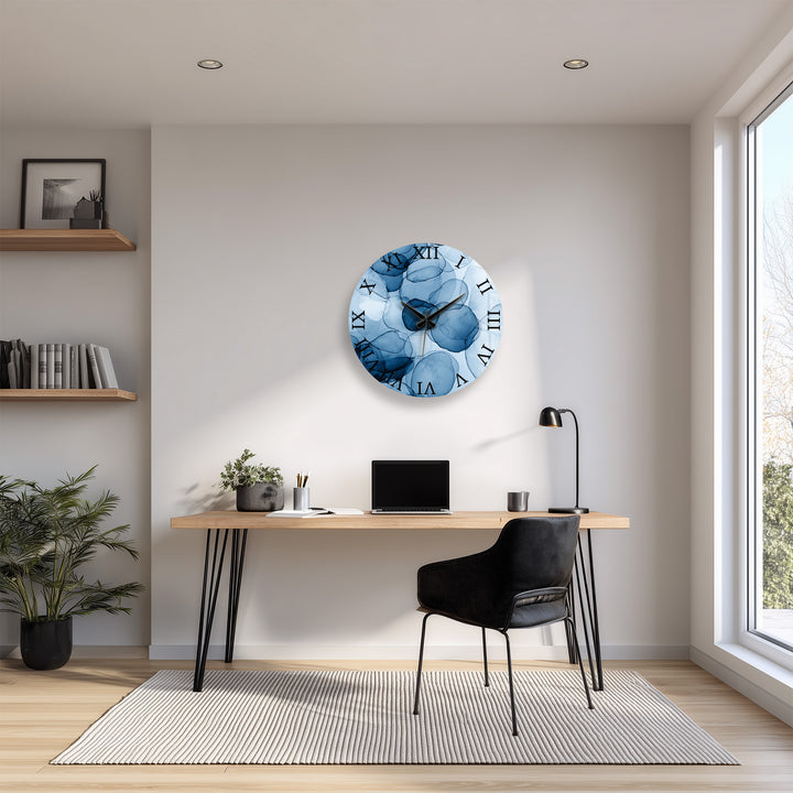 Blue Abstract Glass Wall Clock – Modern Alcohol Ink Art