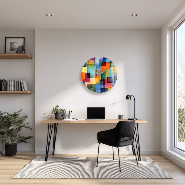 Colorful Geometric Glass Wall Clock – Abstract Color Block Art