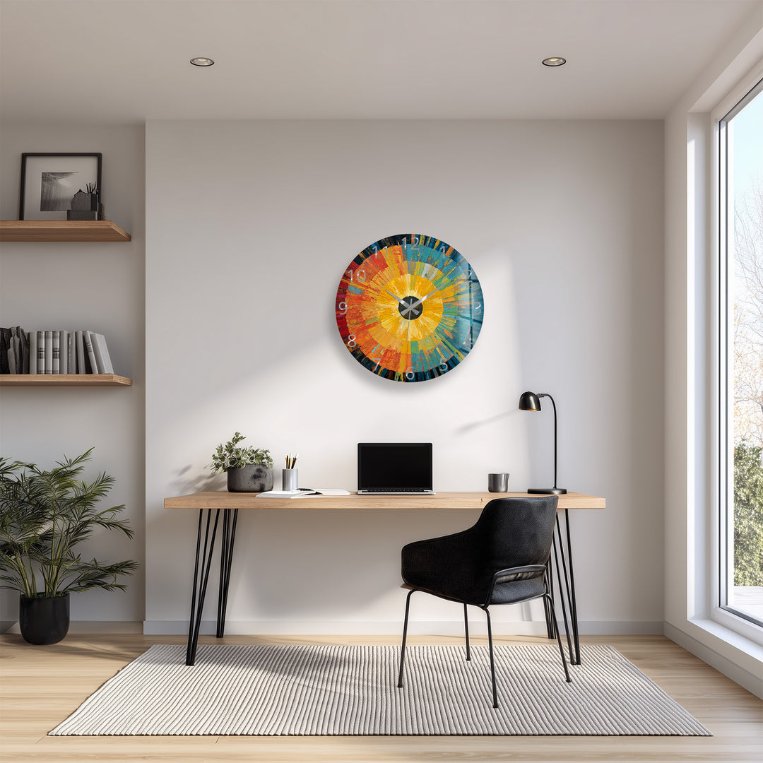 Abstract Sunburst Glass Wall Clock – Colorful Modern Art
