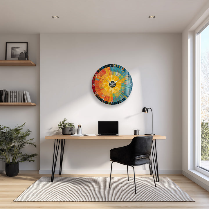 Abstract Sunburst Glass Wall Clock – Colorful Modern Art