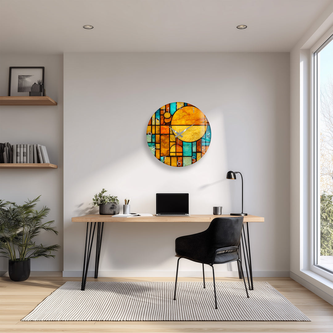 Orangefarbene und blaugrüne Glaswanduhr – geometrische Retro-Sonnenkunst
