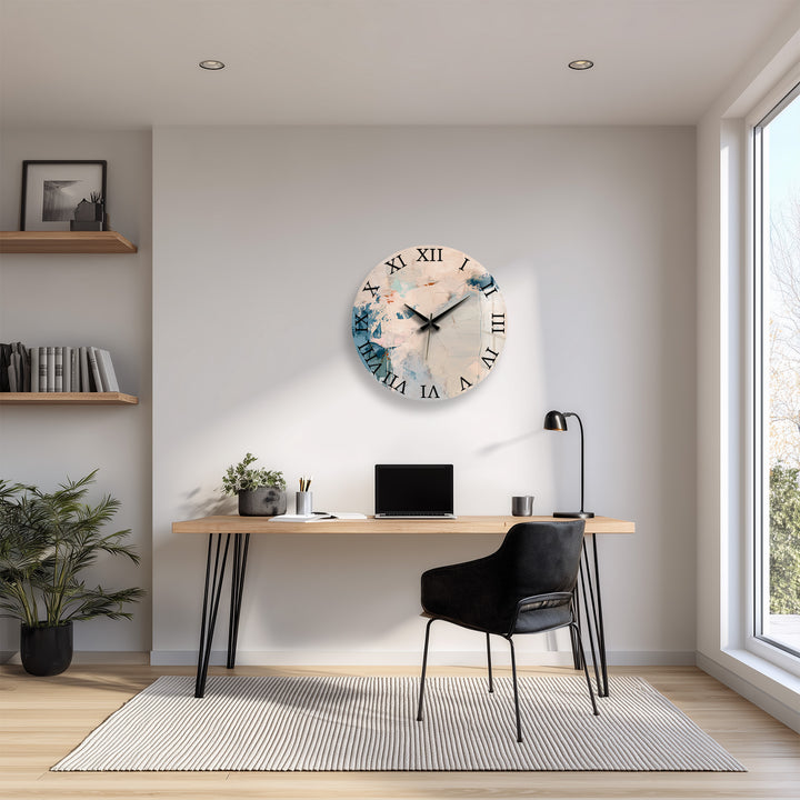 Neutral Abstract Glass Wall Clock – Beige and Blue Modern Decor