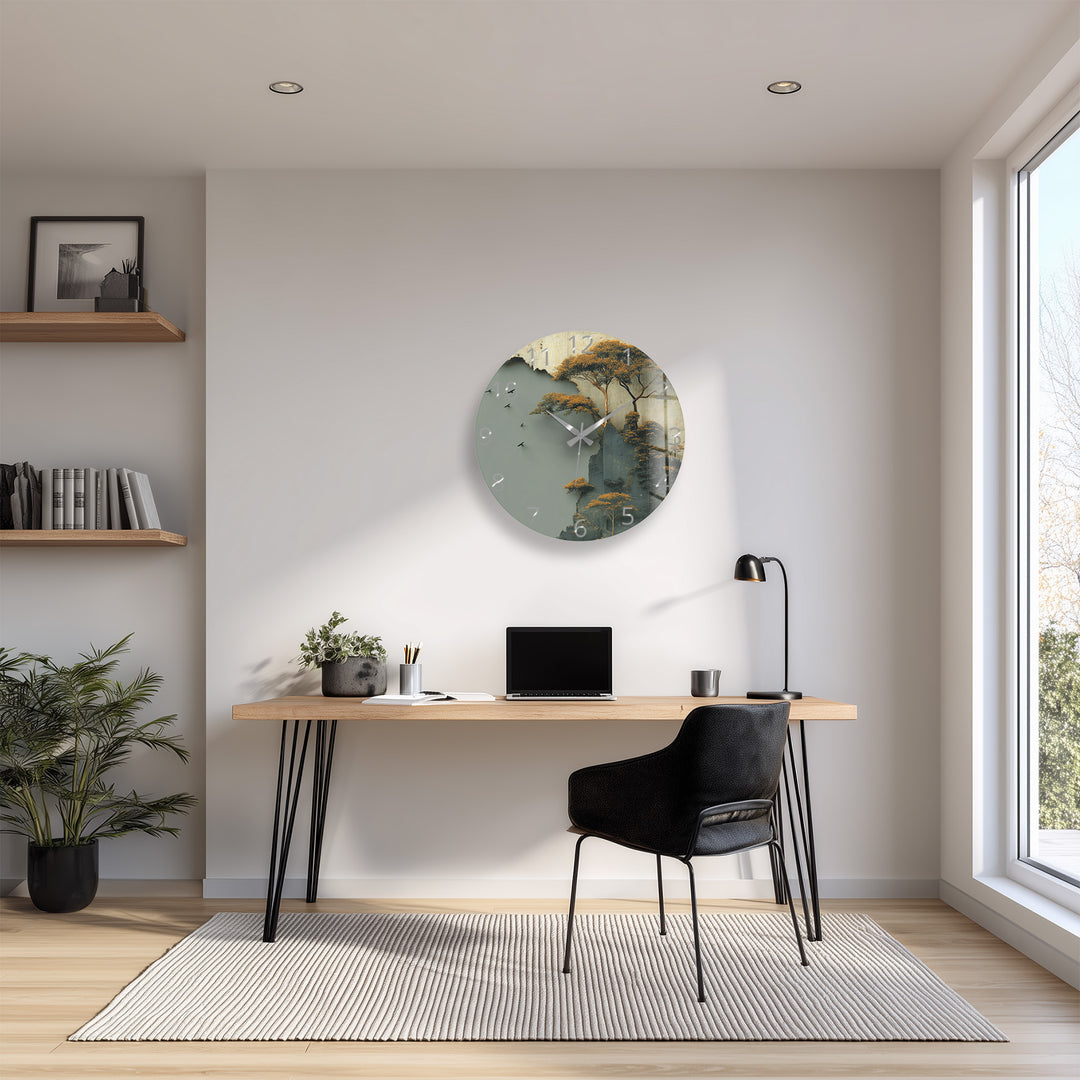 Misty Forest Glass Wall Clock – Golden Mountain Landscape