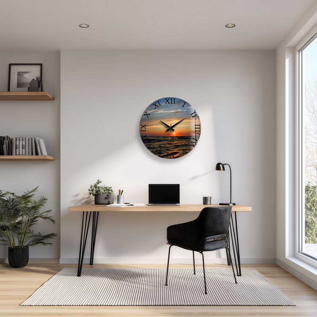 Ocean Sunset Glass Wall Clock – Coastal Beach Decor