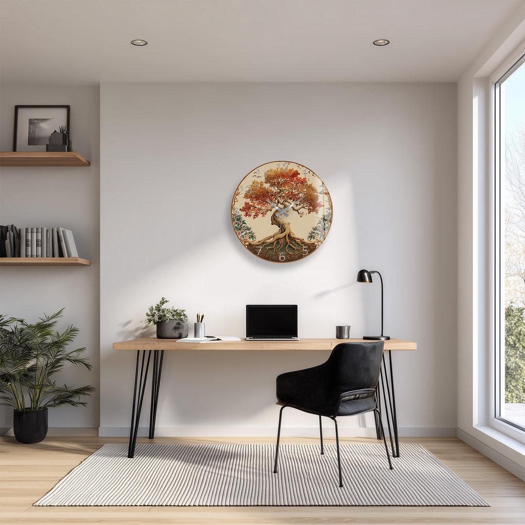 Autumn Tree of Life Glass Wall Clock – Rustic Fall Decor