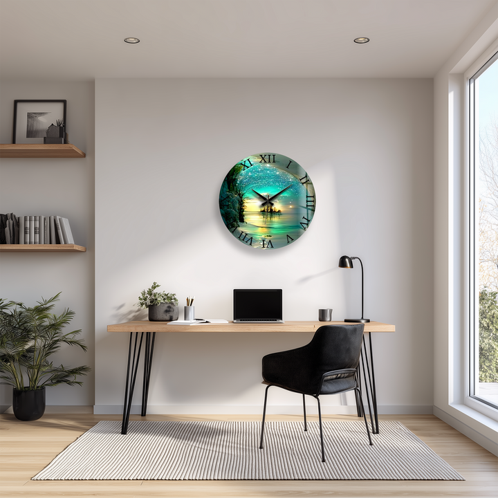 Enchanted Lake Glass Wall Clock – Turquoise Fantasy Landscape