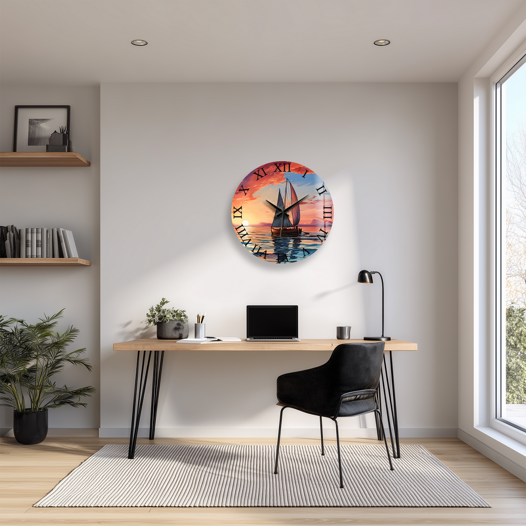 Sunset Sailboat Glass Wall Clock – Coastal Nautical Decor