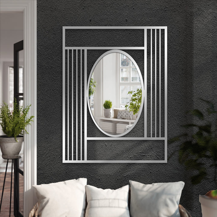 Mirror for wall decor visually plays with shifting shades reflected within the modern grid frame oval floor mirror.