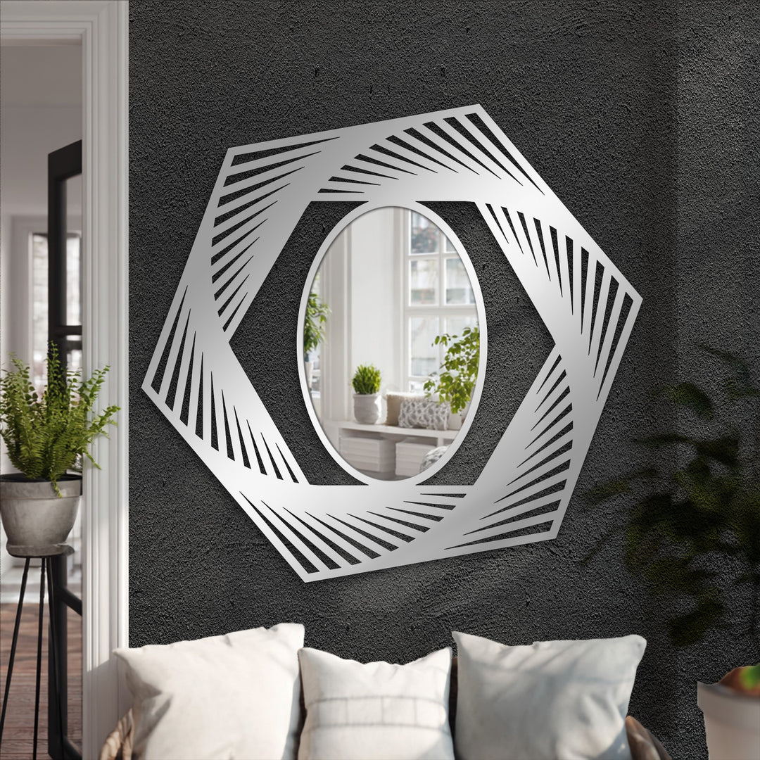 Abstractly, this dynamic hexagon illusion geometric oval floor mirror presents a captivating decoration wall art piece with its intricate metal frame design.