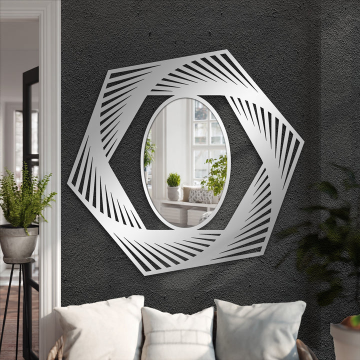 Abstractly, this dynamic hexagon illusion geometric oval floor mirror presents a captivating decoration wall art piece with its intricate metal frame design.