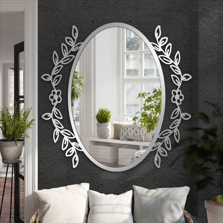 Exquisite stained glass wall mirror framed with an ornate botanical floral vine, showing a dedication to quality craftsmanship and elegant design.