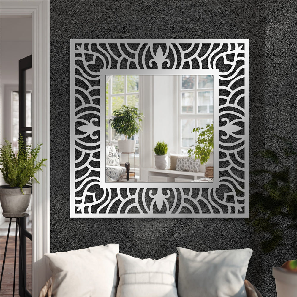Featuring a sleek metal finish, this ornate wave pattern square floor mirror with a decorative metal frame offers distinctive decoration wall art.