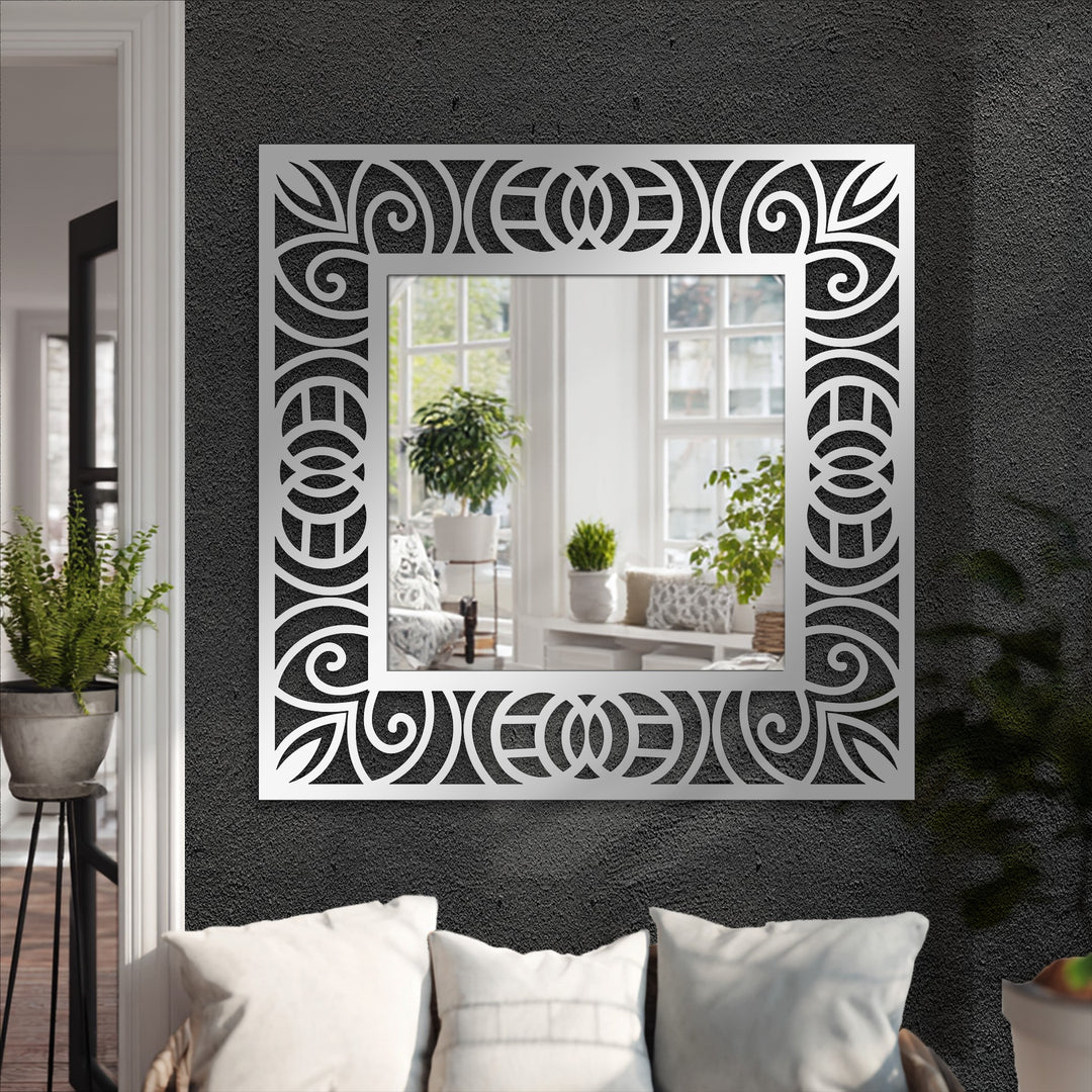 Ornamental scroll pattern square floor mirror frame loudly features geometric accents, reflecting a serene indoor scene, inspiring ideas for decorating with wall mirrors.