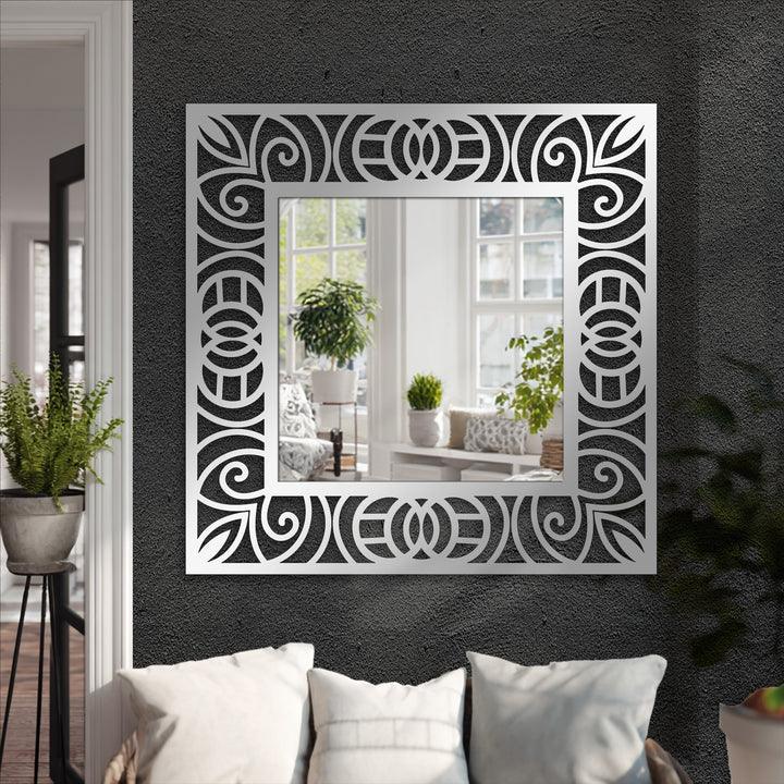 Ornamental scroll pattern square floor mirror frame loudly features geometric accents, reflecting a serene indoor scene, inspiring ideas for decorating with wall mirrors.