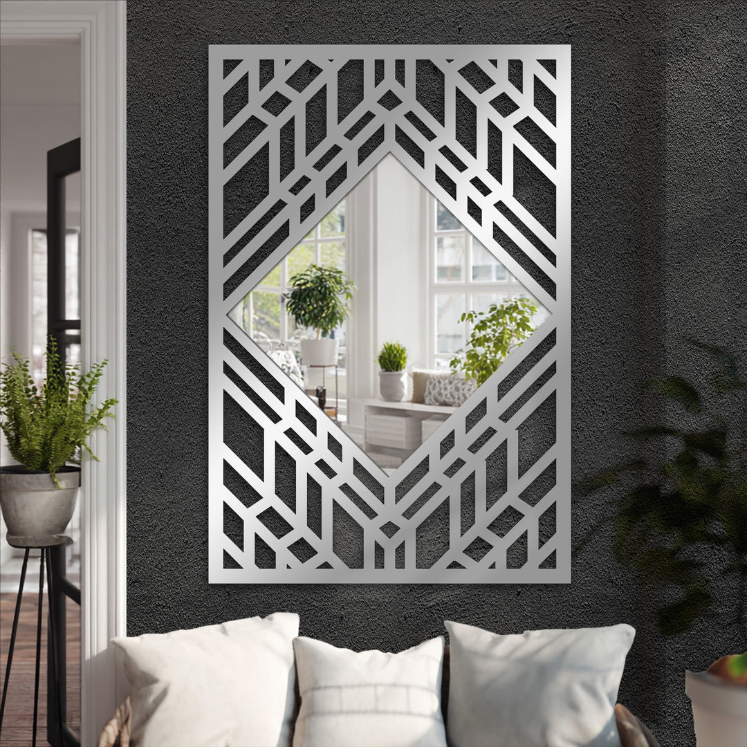 Transitioning from the dark wall, this modern wall mirrors design features an art deco geometric diamond mirror with a unique metal frame and layered line accents.