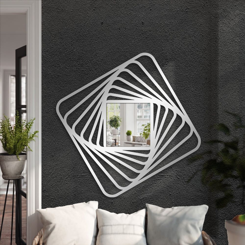 The focal point highlights a twisted square spiral frame floor mirror, a striking piece of decoration wall art featuring dynamic lines and a modern, layered metal design.