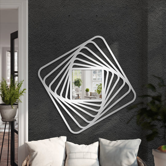 The focal point highlights a twisted square spiral frame floor mirror, a striking piece of decoration wall art featuring dynamic lines and a modern, layered metal design.
