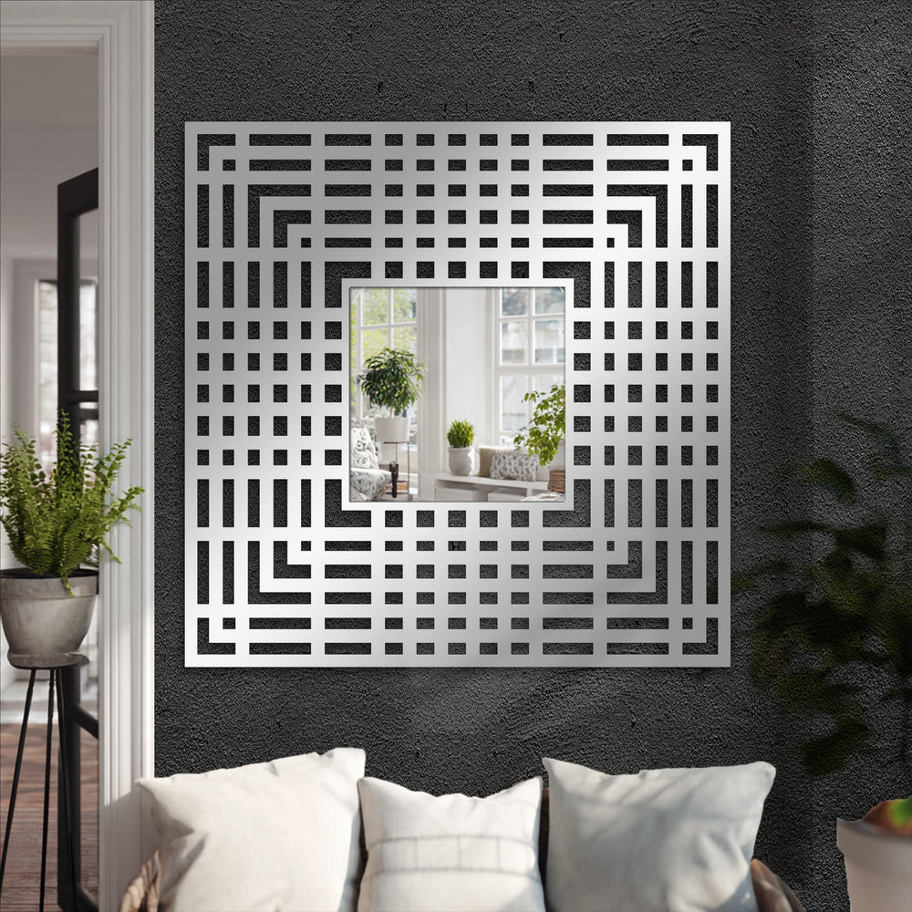 Emphasizing its abstract quality, the geometric grid pattern in this modern square floor mirror frame resembles intricate metal wall decor, offering a clean, linear design.
