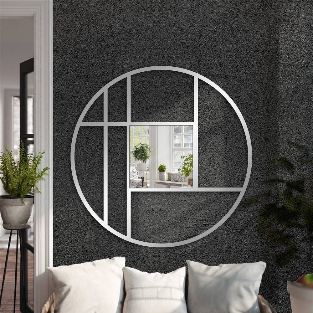 Highlighting the abstract quality, this geometric circle frame floor mirror presents a modern art statement perfect for decorating with wall mirrors in contemporary home decor.