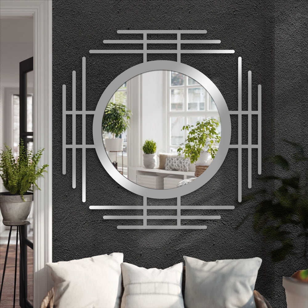 Neutral color temperature emanates from the mirror reflecting light in this geometric line circle floor mirror, creating a stunning piece of unique metal wall art.