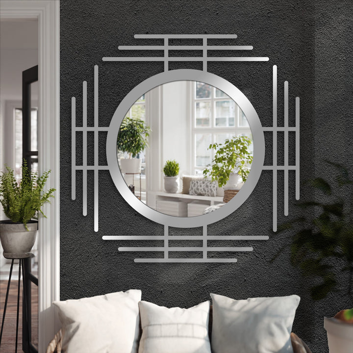Neutral color temperature emanates from the mirror reflecting light in this geometric line circle floor mirror, creating a stunning piece of unique metal wall art.