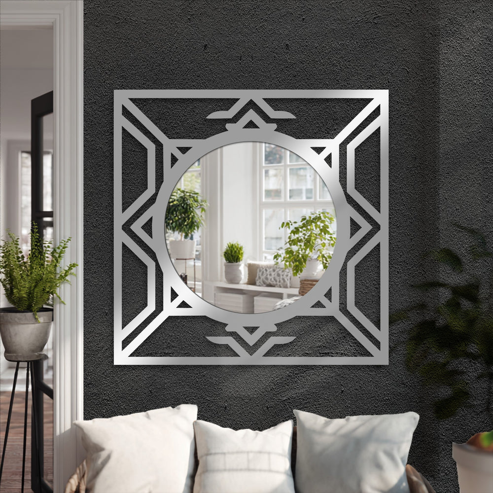 Silver-toned eclipse framed wall mirror showcases a geometric design, adding a touch of contemporary metal art for wall to your living space.