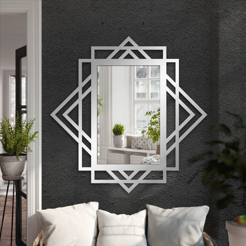 Finely crafted metal wall decor shapes the geometric diamond layer, showcasing the architectural design of the modern wall art mirror.