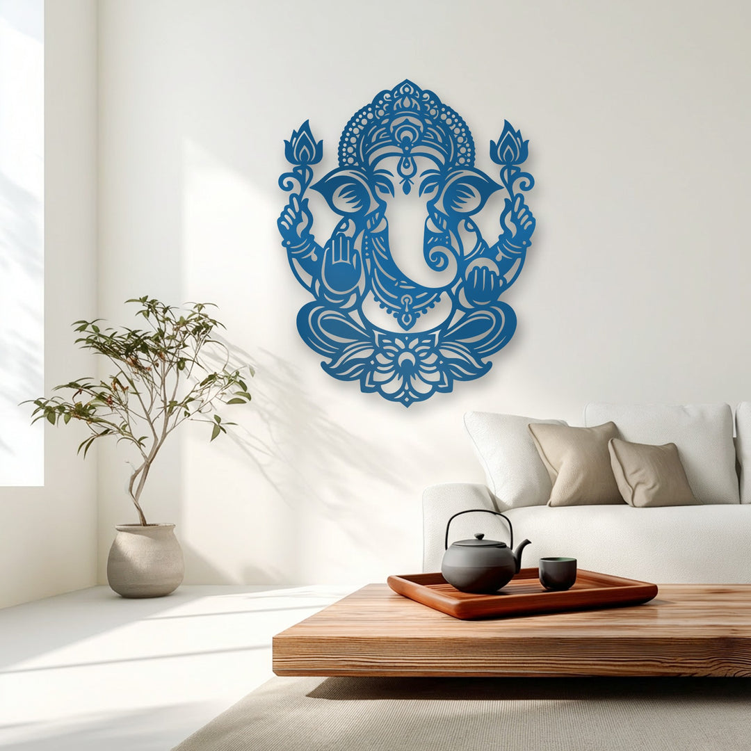 The vertically oriented, intricately shaped Ganesha decoration wall art presents a beautiful stylized deity with lotus details.