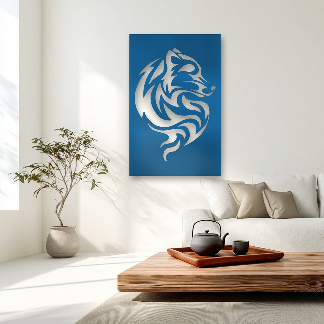 The pristine white negative space surrounding the sapphire metal wall decor highlights the tribal wolf swirl's abstract power.