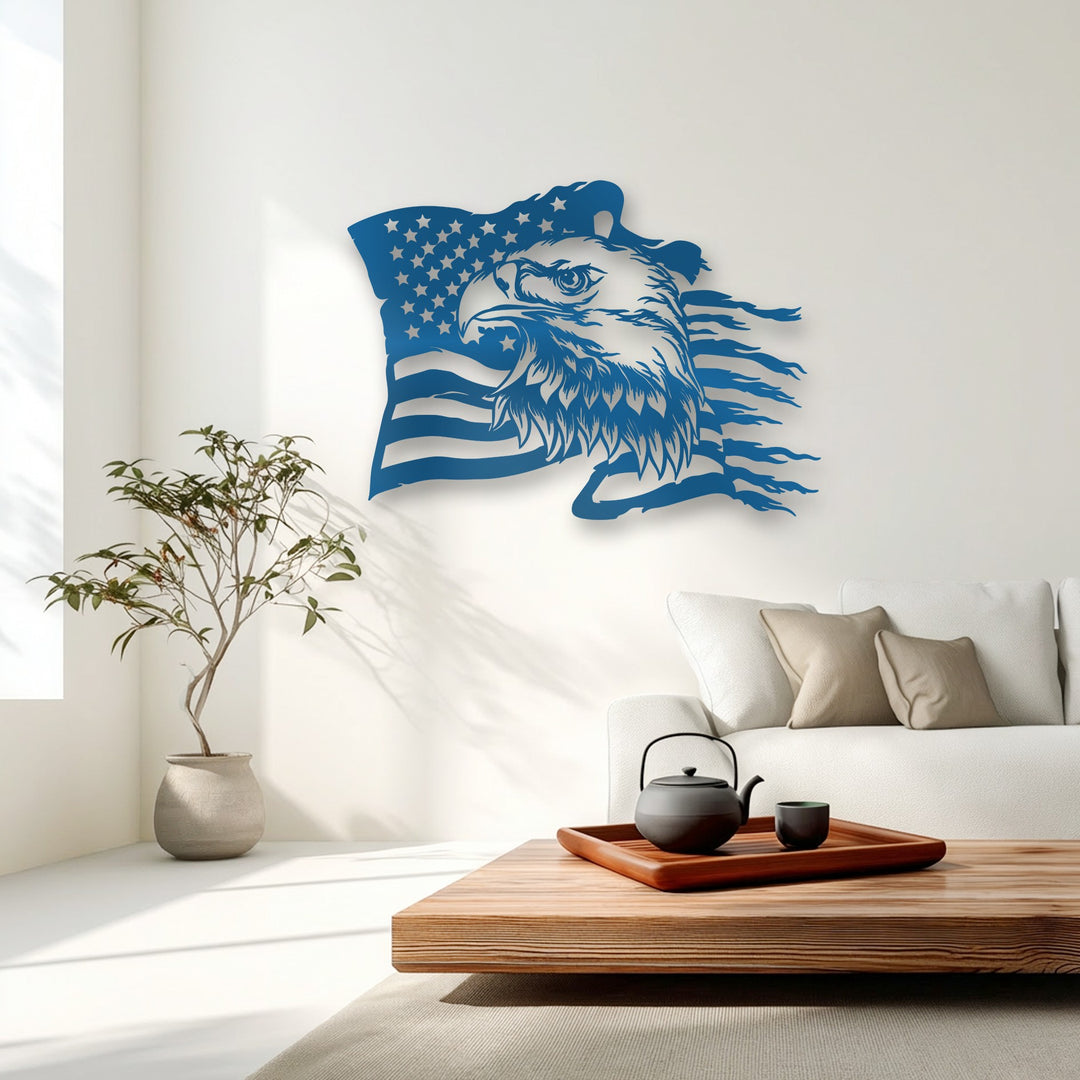 Dynamic organic forms of a deep blue eagle and flowing American flag metal art for wall, showcasing intricate details and patriotic design.