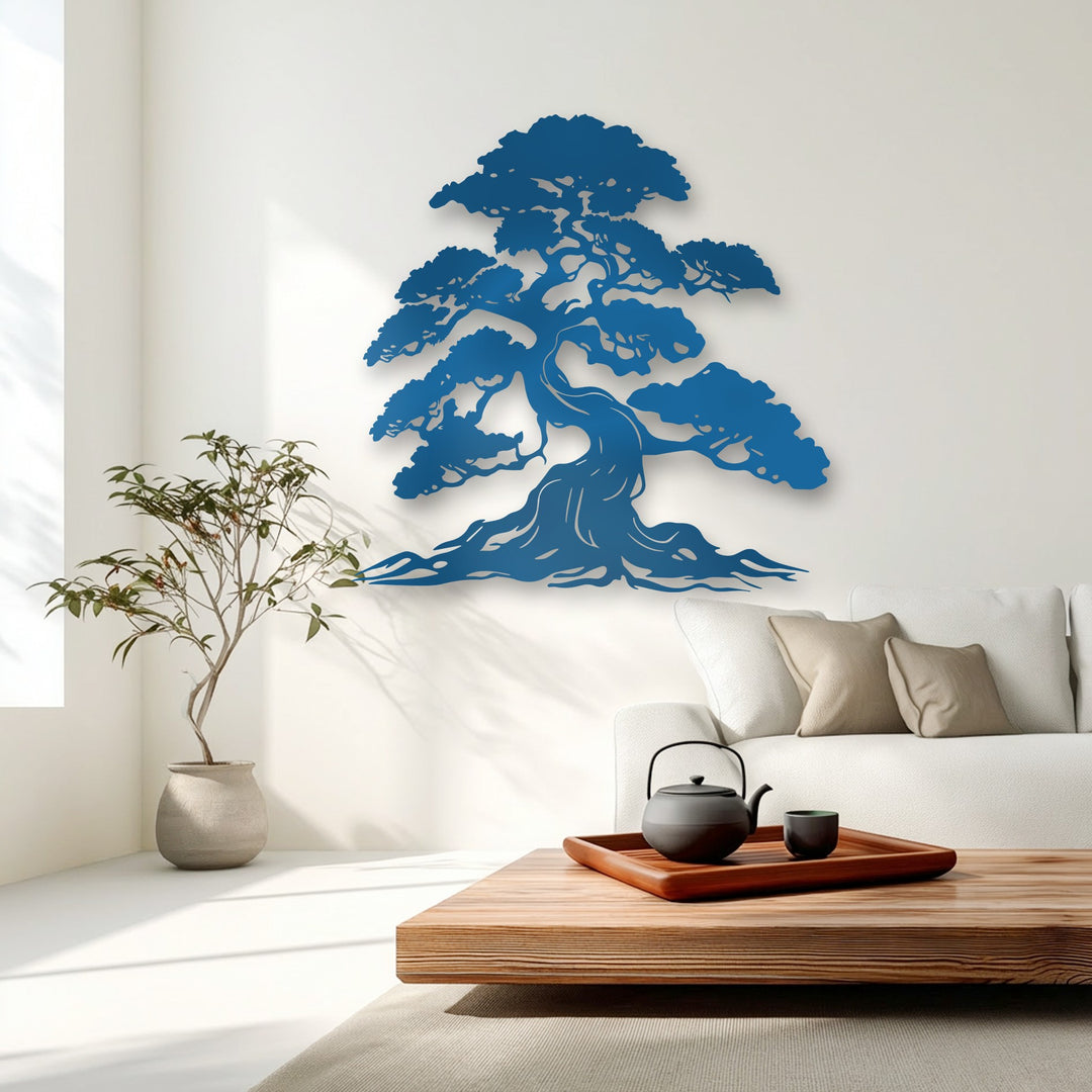 The radiant white wall, bathed in natural light, provides a striking backdrop for the unique metal wall art of a bonsai tree.
