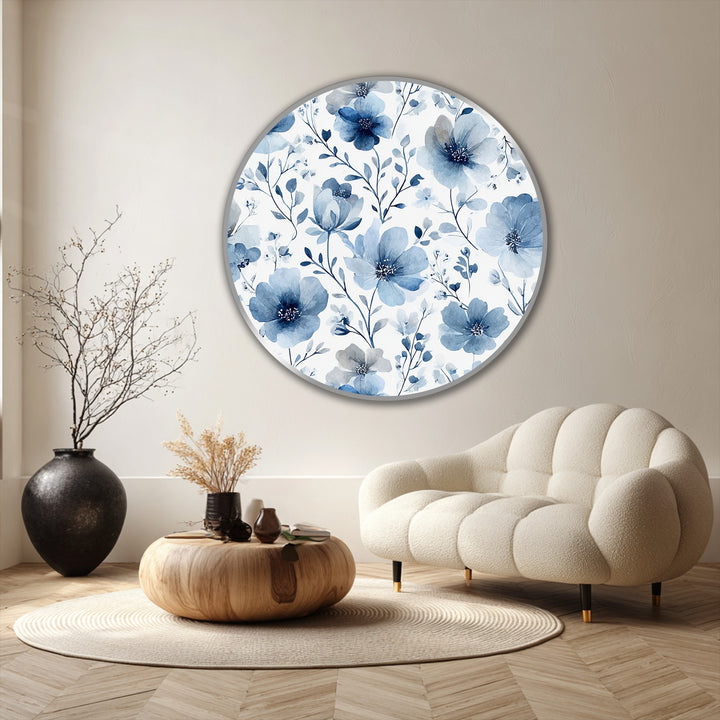 The focal point features a round botanical oil painting decoration with a soft blue floral pattern, providing elegant wall art for contemporary spaces.