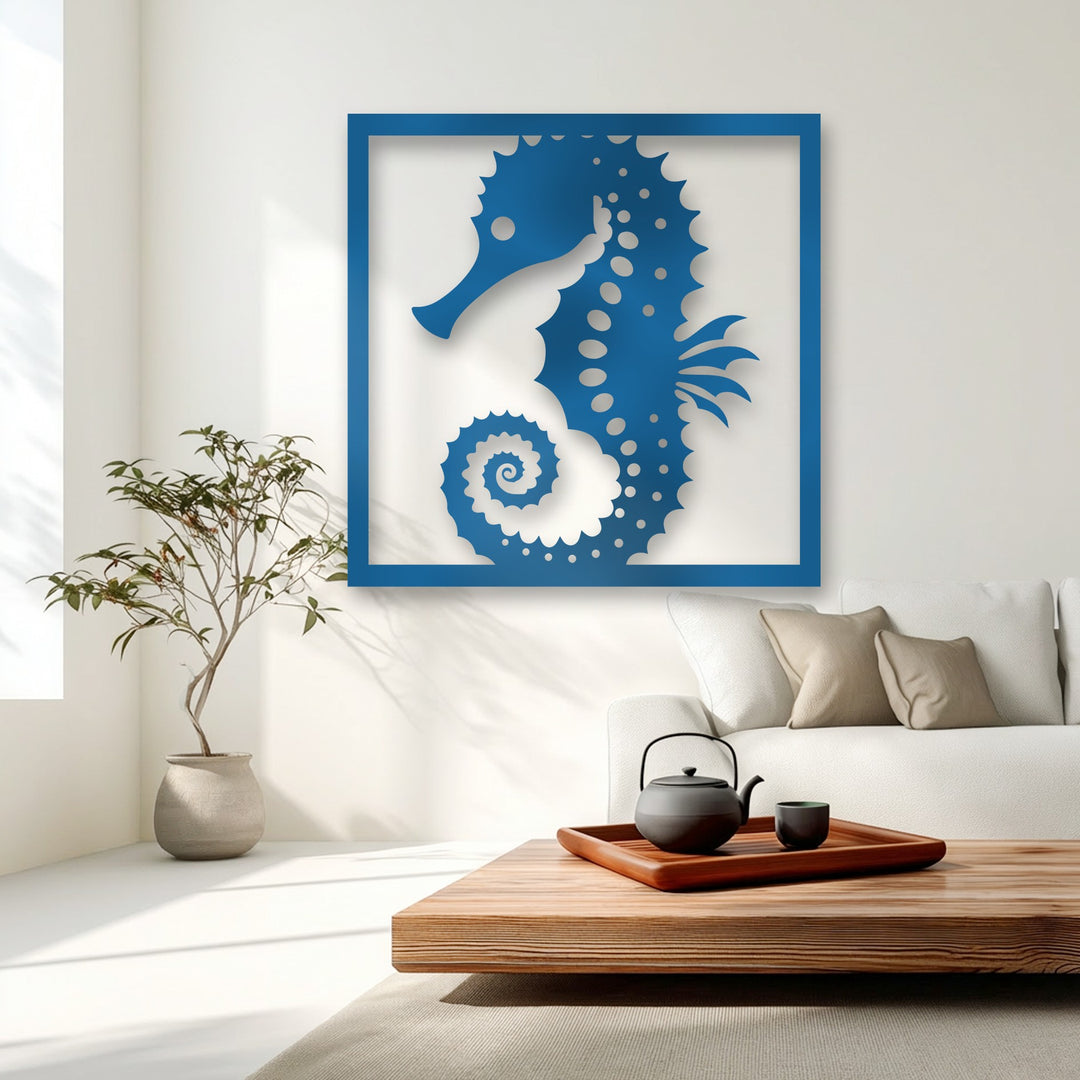 The smooth, matte finish of the blue seahorse metal wall decor contrasts with the natural wood grain and woven rug textures.