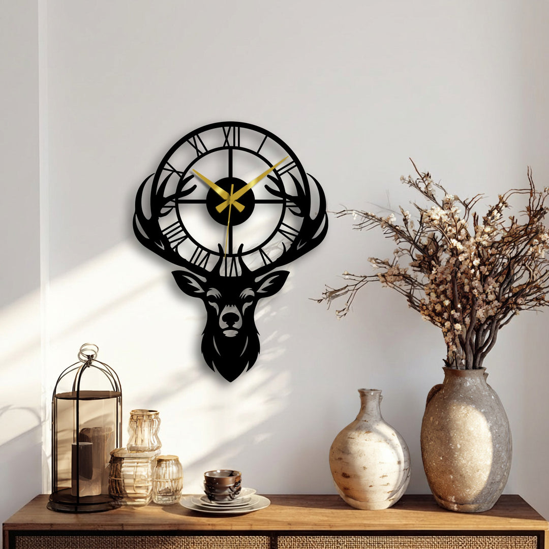 Organic antler shapes and a deer head converge in a majestic metal wall clock, a decorative wall art piece displaying natural forms and roman numerals.