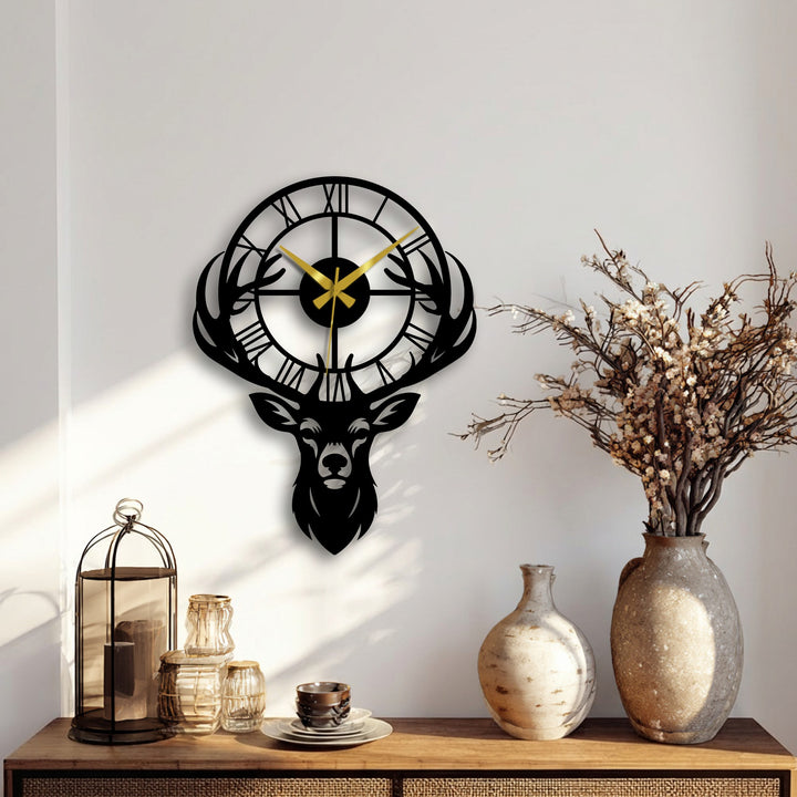 Organic antler shapes and a deer head converge in a majestic metal wall clock, a decorative wall art piece displaying natural forms and roman numerals.