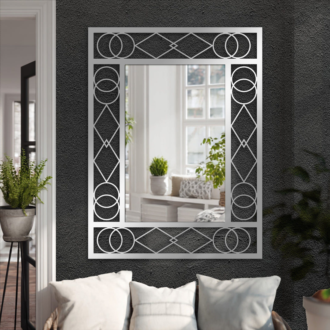 Square decorating with wall mirrors in a vertically-oriented art deco style, featuring a geometric metal frame with circles and diamond shapes.