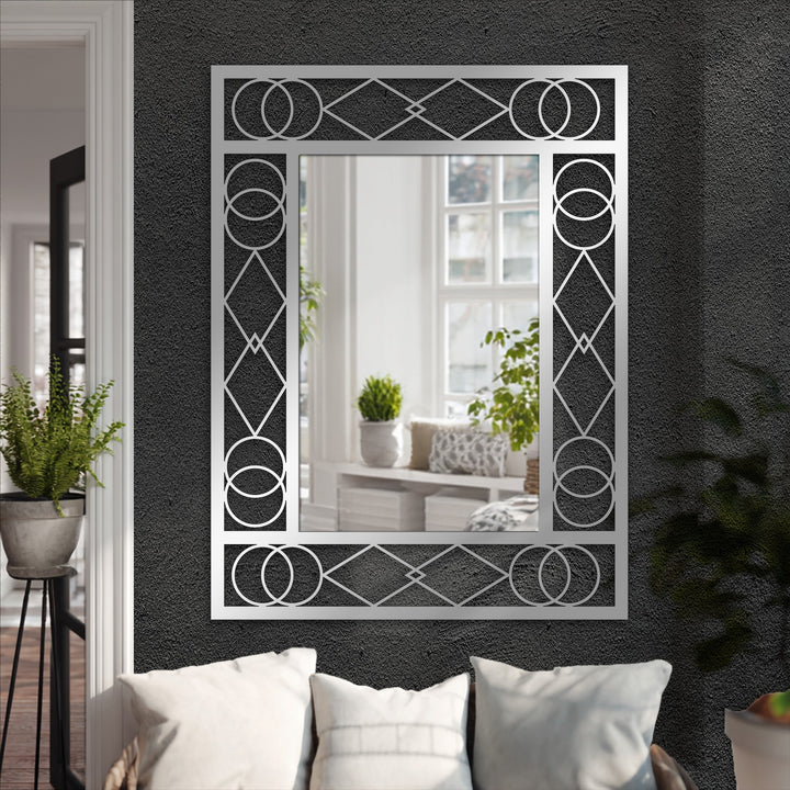Square decorating with wall mirrors in a vertically-oriented art deco style, featuring a geometric metal frame with circles and diamond shapes.