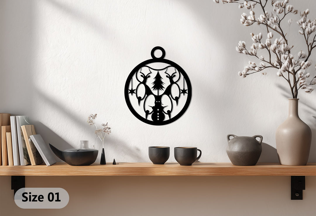 تناغم الشتاء – عيد الميلاد مع الرنة ورجل الثلج فن جداري معدني