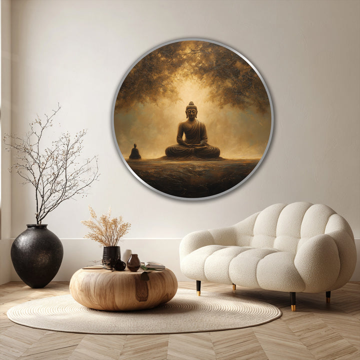 Softest light highlights the peaceful Golden Stillness round oil painting decoration, illuminating the Buddha in serene meditation.