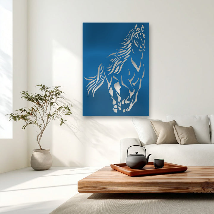 The flowing, organic forms of a wild spirit horse are gracefully rendered in this unique metal wall art, showcasing its dynamic silhouette.