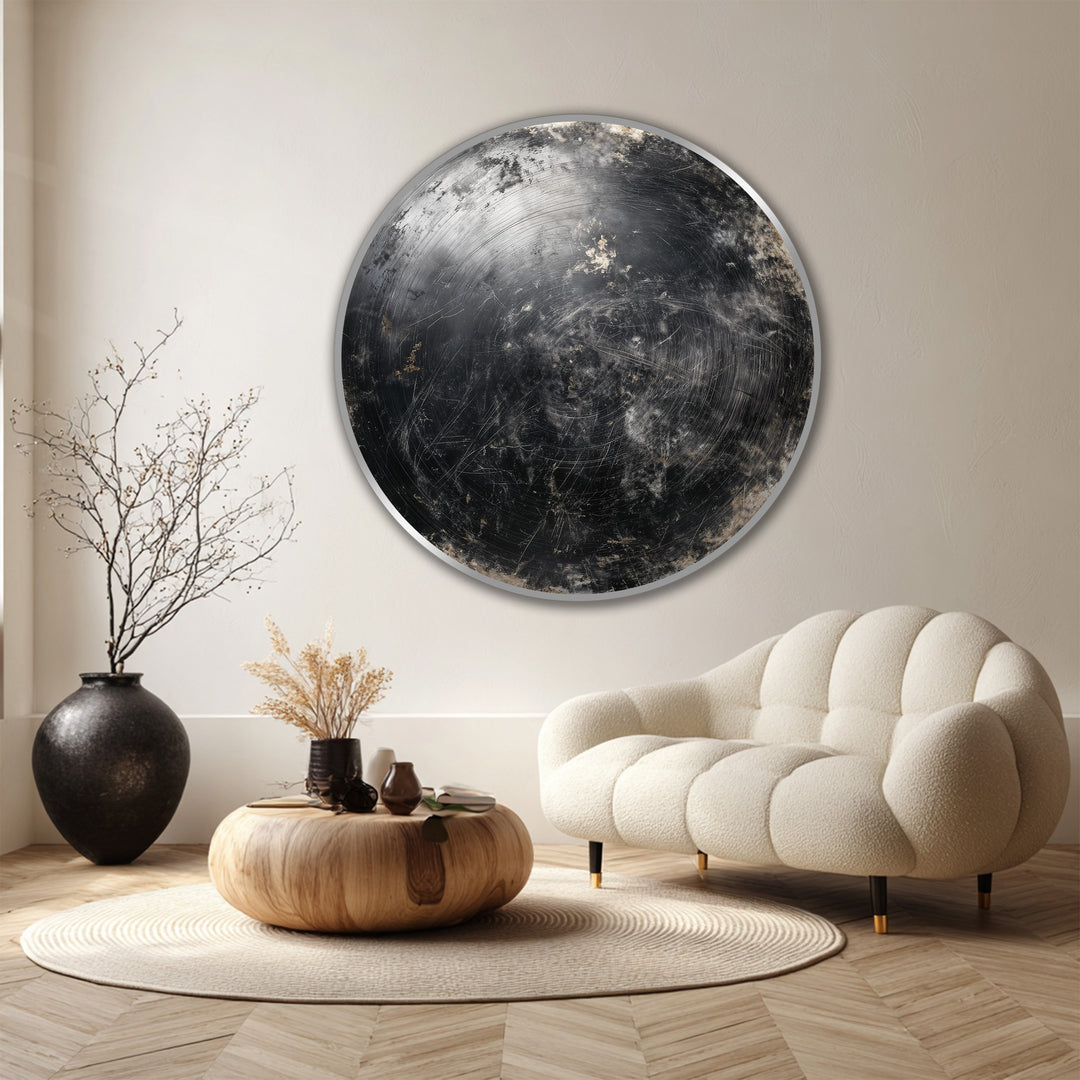 Highlighting the abstract quality, this midnight orbit round oil painting artwork features dark, metallic textures evoking cosmic tones in a mesmerizing circular design.