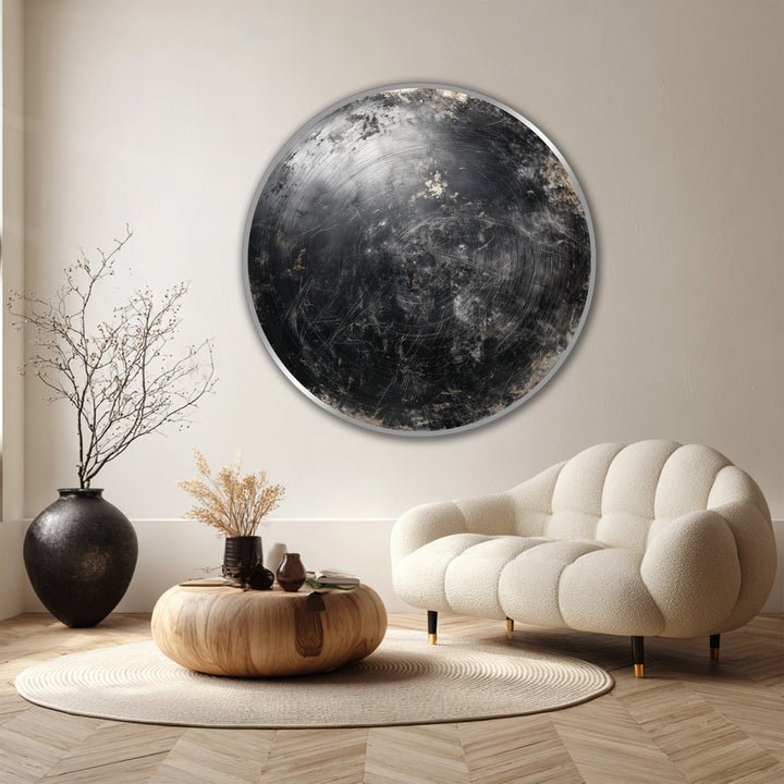 Highlighting the abstract quality, this midnight orbit round oil painting artwork features dark, metallic textures evoking cosmic tones in a mesmerizing circular design.