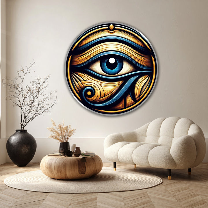 Encircling the Mystic Guardian – Eye of Horus round, the beveled edge and polished borders enhance this striking oil painting reproduction print.