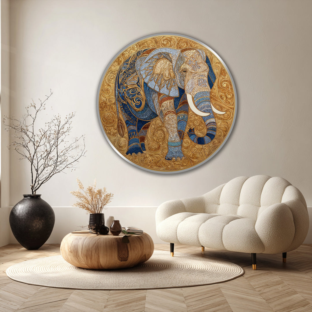 Geometric patterns create a striking visual effect in this golden sovereign ornate elephant medallion round oil painting art piece, with mosaic-like tessellations enhancing its detail.