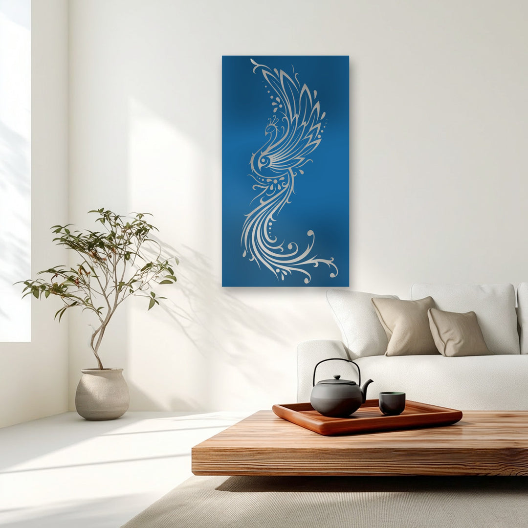 The serene, sun-drenched minimalist background, featuring subtle window shadows, enhances the elegant phoenix ornamental metal wall decor.