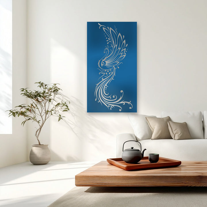 The serene, sun-drenched minimalist background, featuring subtle window shadows, enhances the elegant phoenix ornamental metal wall decor.