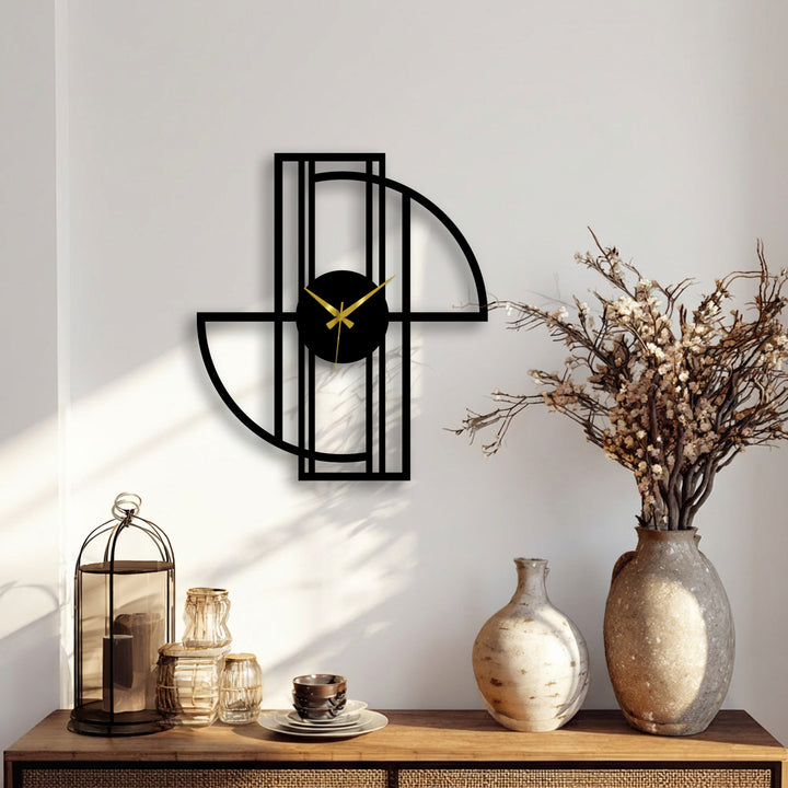 The geometric design of the metal wall decor clock gives a sense of movement with its intersecting lines and semi-circular frame, adding a modern touch.