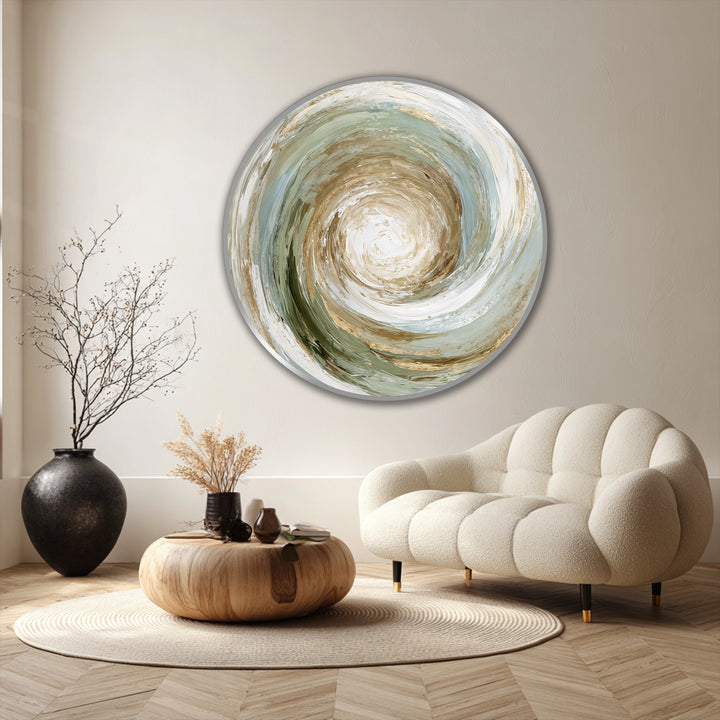 The earthy-toned spiral in this round oil painting showcases a seamless gradient, offering a captivating transition between colors in modern oil painting art.