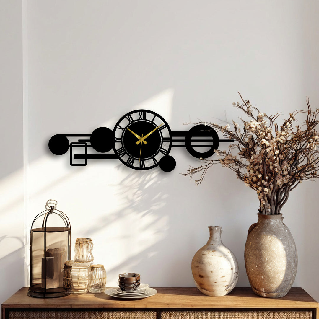 Foreground details highlight the modern Roman orbit metal wall clock, a unique metal wall art piece accentuating a geometric and abstract design on a decorative display.